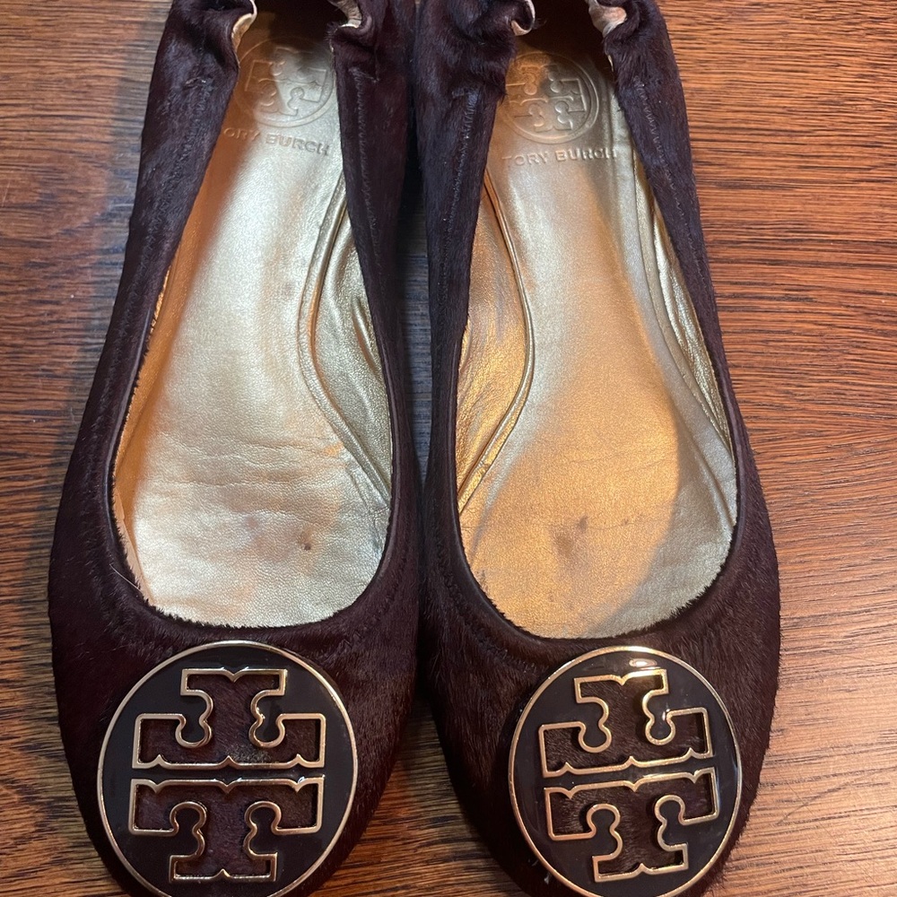 Tory Burch Calf Hair Dark Brown Flats with Gold Logo